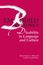 This is an image of the cover of the ground-breaking book _Embodied Rhetorics: Disability in Language and Culture," edited by James C. Wilson and Cynthia Lewiecki-Wilson. It has a fuschia background and a large drawn B and D.
